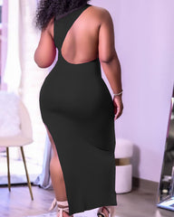 Letter Print Cut Out Asymmetrical Hem Tank Dress