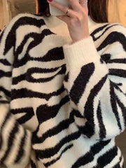 Zebra Jacquard Mock Neck Knit Sweater