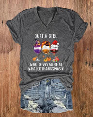 Just A Girl Who Loves Wine At Hallothanksmas Print V-Neck T-Shirt