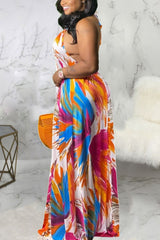 Allover Print Backless Halter Dress