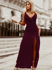 Burgundy Pleated Sleeveless High-slit V-Neck Semi Formal Maxi Party Dress