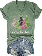 Merry Christmas Trees Print V-Neck T-Shirt