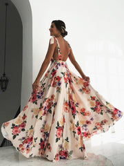 White V Neck Backless Floral Chiffon Boho Summer Maxi Dress