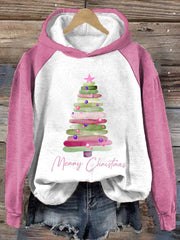 Merry Christmas Tree Printed Raglan Sleeve Hooded Sweatshirt