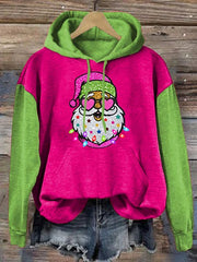 Pink Sparkly Santa Color Block Casual Hooded Sweatshirt