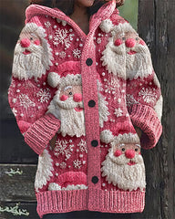 Christmas Pink Santa Claus Print Casual Hooded Cardigan