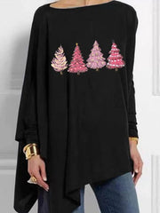 Merry And Bright Pink Christmas Tree Print Casual Top