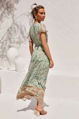 Ruffle Sleeve High Waist Bohemian Print Maxi Dress