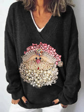 Pink Christmas Santa Claus Jewel Art V Neck Knit Sweater
