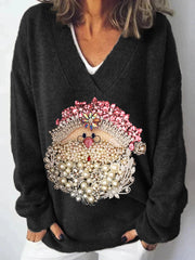 Pink Christmas Santa Claus Jewel Art V Neck Knit Sweater