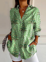 Lovely Christmas Tree Art Print Casual Cotton Shirt