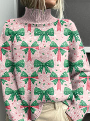 Pink Christmas Christmas Tree Pattern Art Print Knit Turtleneck Pullover Sweater