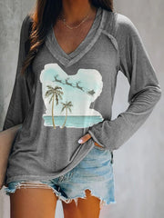 V-neck Retro Florida Merry Christmas Beach Palm Tree Print T-Shirt
