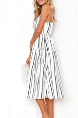 Casual V-neck Striped Button White Dress
