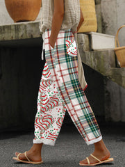 Christmas Cake and Check Printed Casual Pants