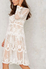 White Sheer Lace Scalloped Hem Long Sleeve Sexy Beach Bikini Cover Up Dress