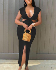 Solid Cut Out Split Thigh Plunging Neck Maxi Dress
