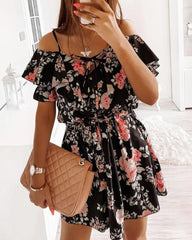 Floral Print Tie Front Ruffle Trim Belted Cold Shoulder Dress