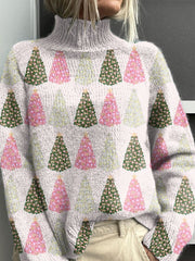 Pink Christmas Tree Christmas Print Knit Turtleneck Pullover Sweater