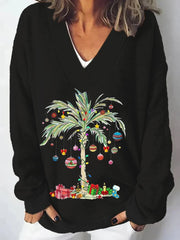Christmas Palm Tree Print Knit Sweater
