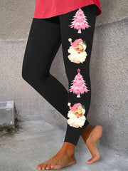 Pink Christmas Tree & Santa Fun Print Print Leggings