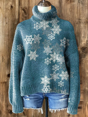 Snowflake Christmas Art Print Knit Turtleneck Pullover Sweater