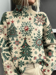 Vintage Christmas Tree Print Knit Turtleneck Pullover Sweater