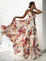 White V Neck Backless Floral Chiffon Boho Summer Maxi Dress