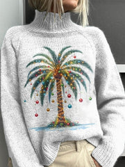 Lovely Christmas Palm Tree Art Print Knit Turtleneck Pullover Sweater
