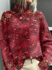 Golden Snowflakes Christmas Print Knit Turtleneck Pullover Sweater