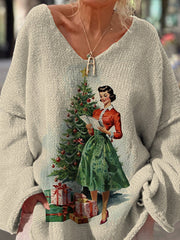 Retro Watercolor Christmas Graphic Printed Casual Pullover Sweater