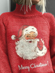 Retro Santa Graphic Printed Knit Turtleneck Pullover Sweater
