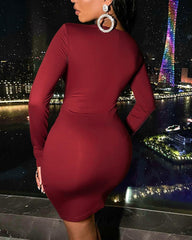 Solid Twist Cut Out Front Ruched Overlap Mini Dress