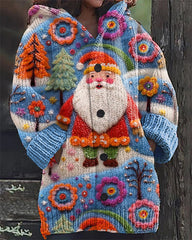 Christmas Santa Claus Embroidery Print Casual Hooded Cardigan