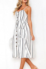 Casual V-neck Striped Button White Dress