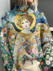 Lovely Christmas Angel Art Print Knit Turtleneck Pullover Sweater