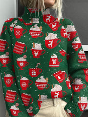 Vintage Christmas Ice Cream Print Knit Turtleneck Pullover Sweater