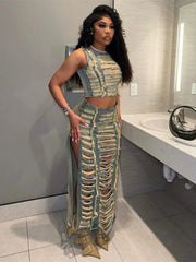 Angie Ripped Denim Skirt Set