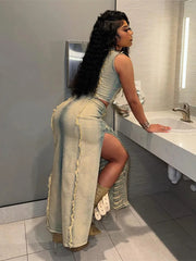 Angie Ripped Denim Skirt Set