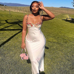 Embroidered Flower Satin Maxi Dress