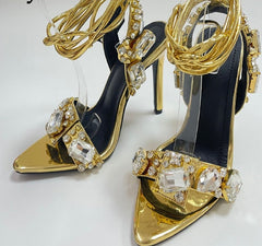 Golden Ankle Lace-Up High Heels