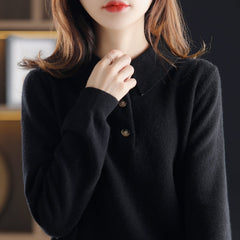 Cashmere Sweater Knitted Pullover Fall Winter Lapel Base Shirt Pure Wool Women Loose Top