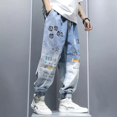 Men Graffiti Print Hip Hop Style Harem Denim Pants