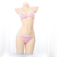 Sexy Lingerie Lolita Blue Pink White Striped Mini Bikini Costumes Bra Women Underwear Set