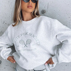 Chic Retro Letters Embroidery Sweatshirts Vintage Womens Winter Tops Thick Fleece Casual