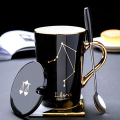 Ceramic Mugs Constellations Creative Glass with Spoon Lid Black and Gold Porcelain