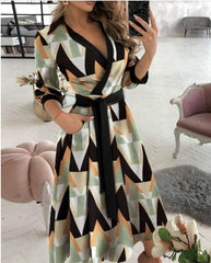 Lace Up Midi Dress Sleeve A-line Patchwork Dresses For Women Summer Lady V-neck Tunic