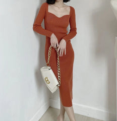 Stay Cozy and Stylish with Our Ribbed Square Neck Knitted Dress - Perfect for Streetwear
