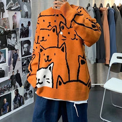 Men Sweater Harajuku Print Cartoon Cat Pullovers Casual