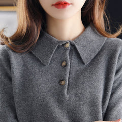 Cashmere Sweater Knitted Pullover Fall Winter Lapel Base Shirt Pure Wool Women Loose Top